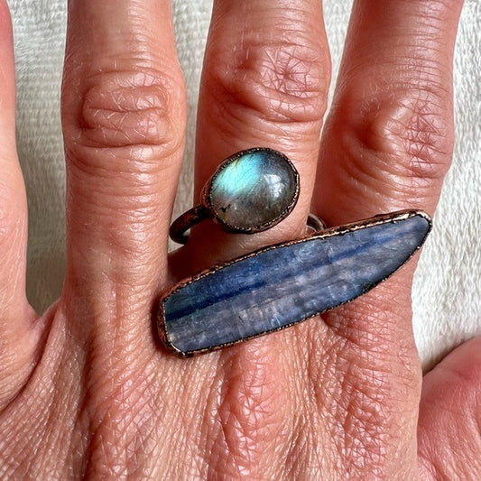 Raw Kyanite + Flash Labradorite Adjustable Copper Ring 7 8 9 10