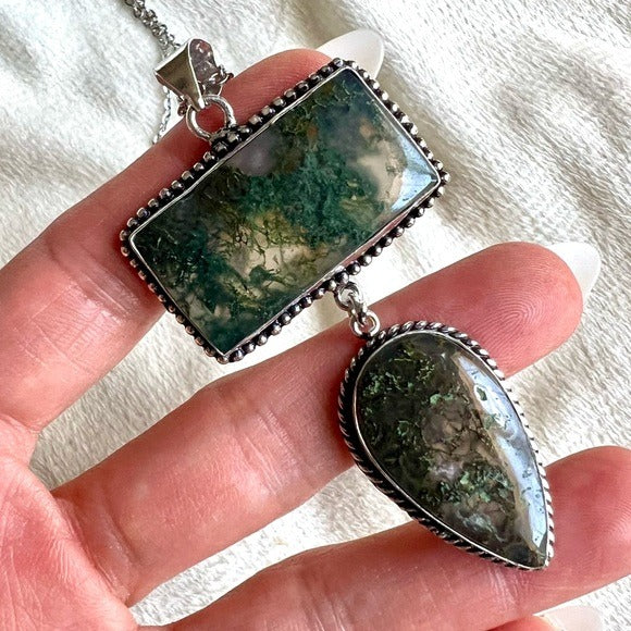925 Earth Stone! Double Moss Agate Pendant Necklace