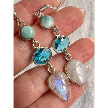 925 OMG WOW! Larimar + Flash Moonstone + Blue Topaz Dangly Earrings