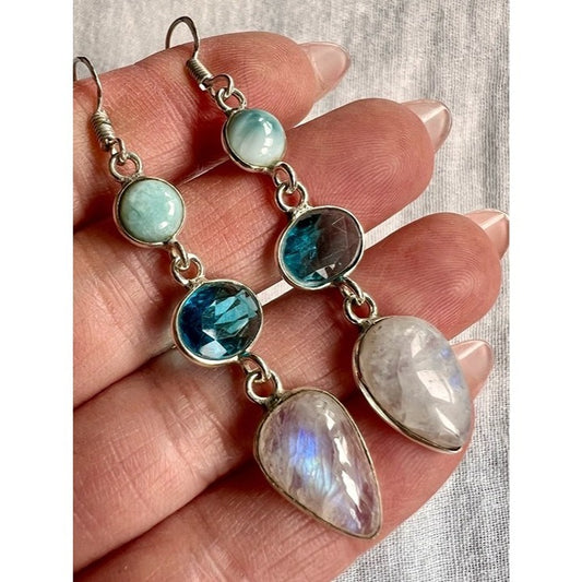 925 OMG WOW! Larimar + Flash Moonstone + Blue Topaz Dangly Earrings