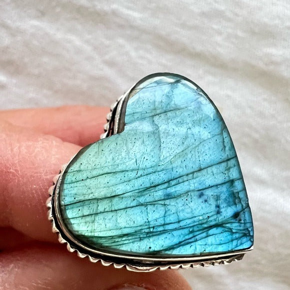 925 Aqua Flash Labradorite Heart ❤️ Ring 9.5