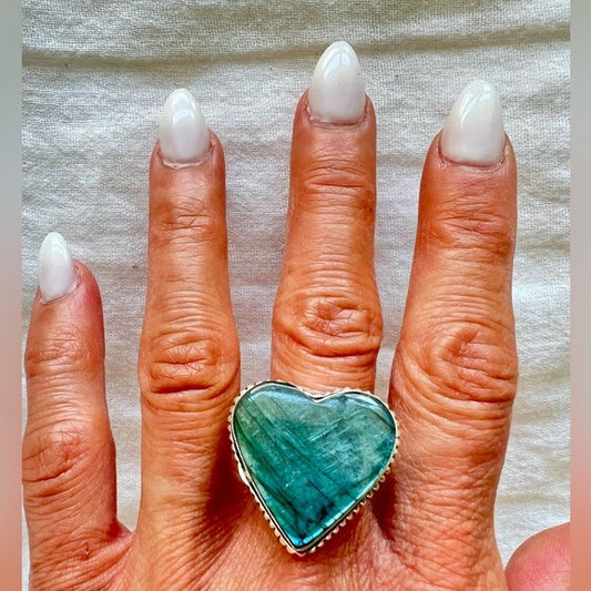 925 Aqua Flash Labradorite Heart ❤️ Ring 9.5