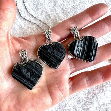 925 RAW Black Tourmaline ❤️ Heart Pendant Necklace