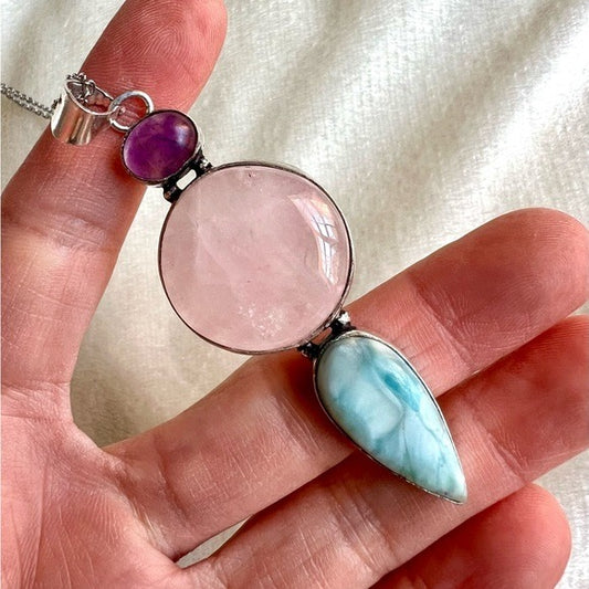 925 Amethyst + Rose Quartz + Larimar Pendant Necklace