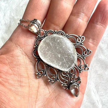 925 Ornate Gypsum Selenite Crystal Necklace Pendant