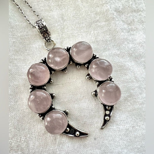 925 STUNNING Crescent Rose Quartz Pendant Necklace