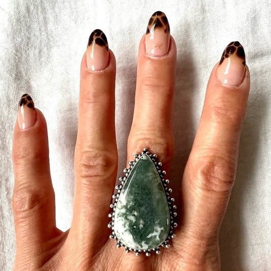 925 Mother Earth Moss Tree Agate Ring 9.5