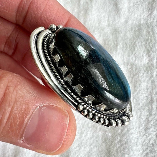 925 OMG OMG ! GORGEOUS Blue Flash Huge Labradorite Ring 8.5