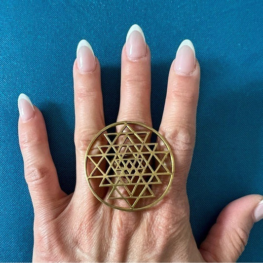 GIANT! Brass GOLD or SILVER Adjustable Sri Yantra Ring!