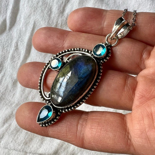 925 Dark Labradorite w/ Blue Flash + Topaz Pendant Necklace