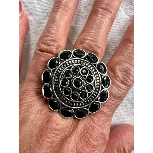 925 Huge! Ornamental Black Spinel Mandala Ring 7.5, 8.5