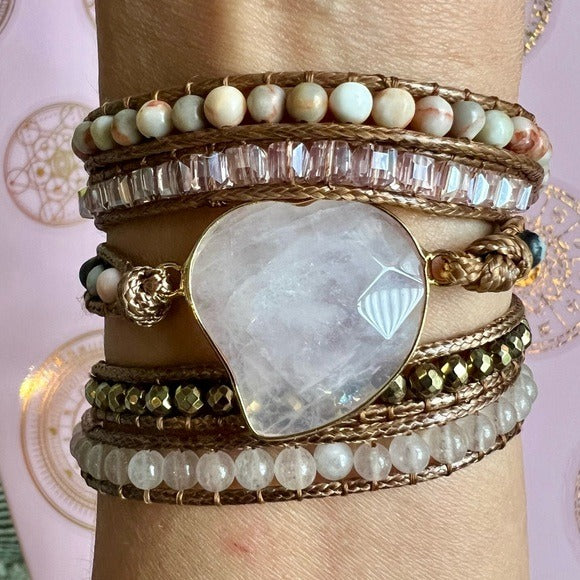 Rose Quartz Heart + Pink Zebra Jasper Wrap Bracelet