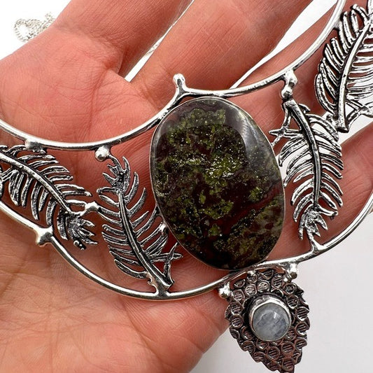 925 Dragons Bloodstone + Moonstone Feather Necklace Pendant