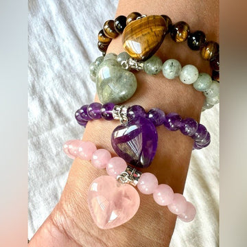 HEART CHARM Mala Bead Bracelet - Labradorite Rose Quartz Amethyst Tigers Eye