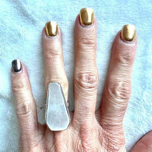 925 RAW Selenite Crystal Charge Coffin Ring 5.5