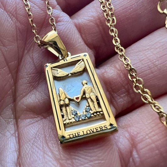 18k Gold Overlay “THE LOVERS” VI Tarot Card Necklace Pendant