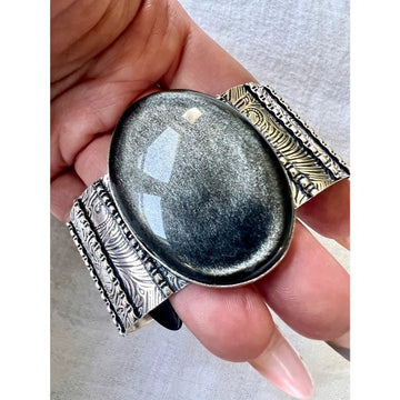 925 Massive OBSIDIAN Silver Sheen Embosses Cuff Bracelet
