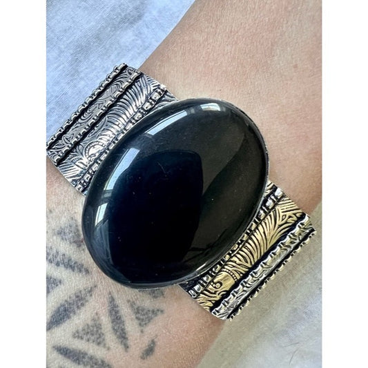 925 Massive OBSIDIAN Silver Sheen Embosses Cuff Bracelet
