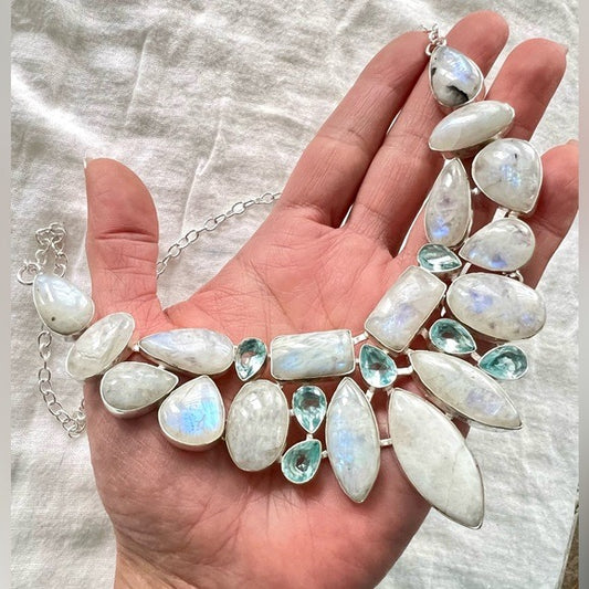 925 GODDESS Rainbow Flash Moonstone + Topaz Necklace