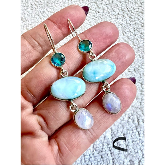 925 Spiritual Harmony C Larimar, Flash Moonstone + Topaz Earrings