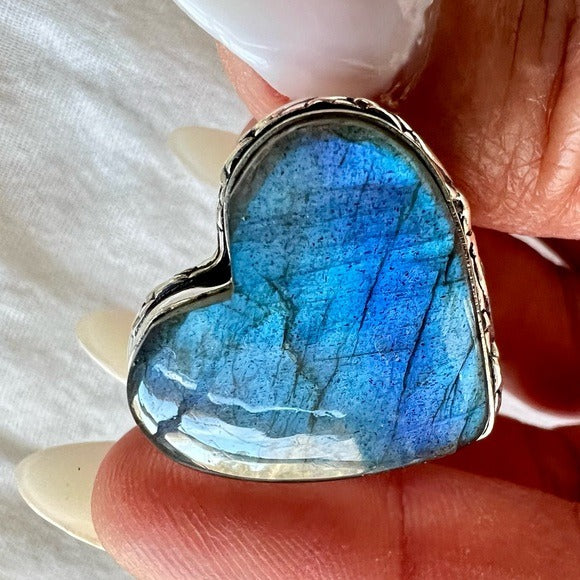 925 Blue Flash Labradorite Heart ❤️ Ring 6.5