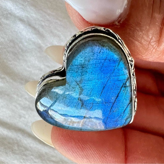 925 Blue Flash Labradorite Heart ❤️ Ring 6.5