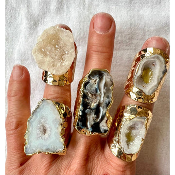 Consciousness Gold Agate Micro Quartz Geode Ring - adjustable 6, 7, 8