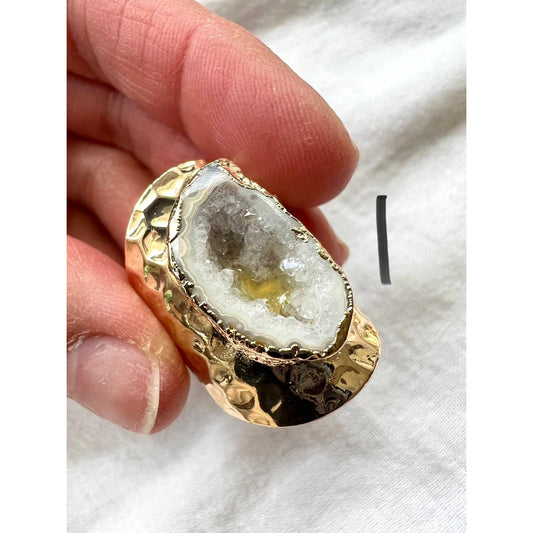 Consciousness Gold Agate Micro Quartz Geode Ring - adjustable 6, 7, 8