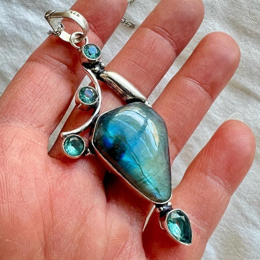 926 Aqua Flash Labradorite + Topaz Necklace Pendant