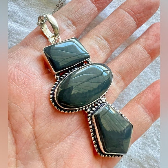 925 Negativity Shield Triple Obsidian Pendant Necklace