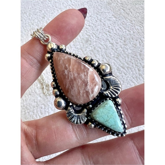925 Divine Radiance Peach SUNSTONE + AMAZONITE Moon Pendant Necklace
