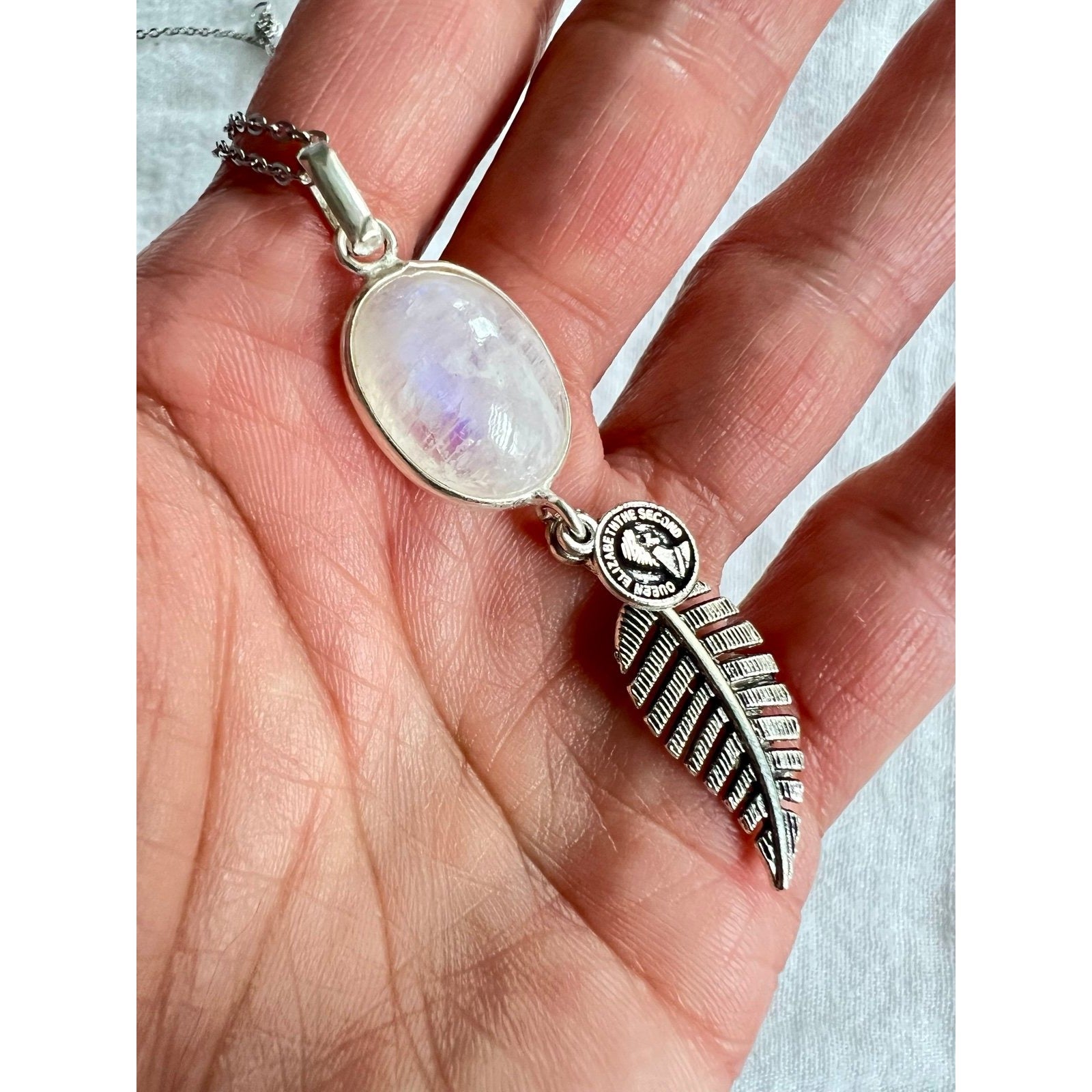 925 Rainbow Flash Moonstone Feather Lucky Pendant Necklace