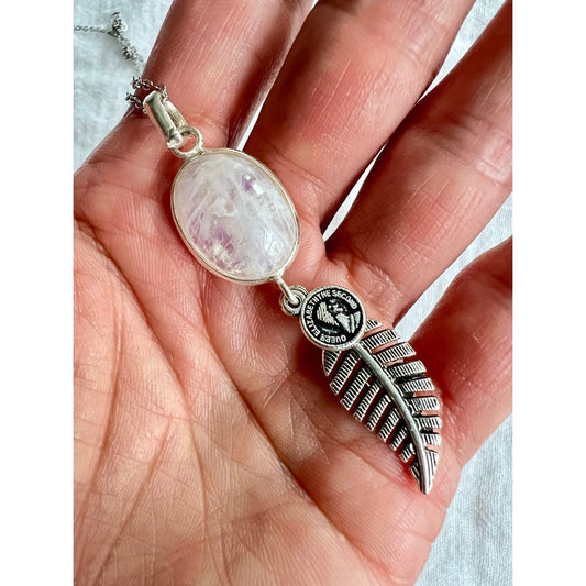 925 Rainbow Flash Moonstone Feather Lucky Pendant Necklace