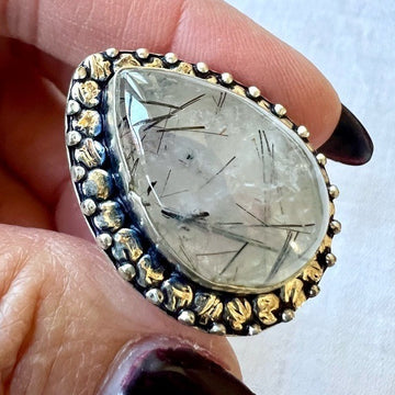 925 Yin Yang Tourmalated Quartz Ring 8.5