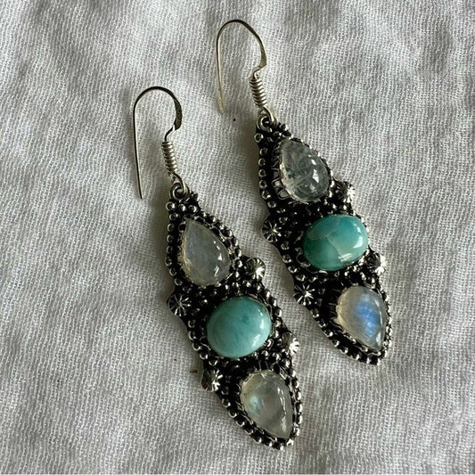 925 GORGEOUS! Larimar + Rainbow FLASH MOONSTONE Earrings