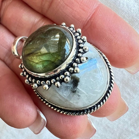 925 Layered Flash Labradorite + Rainbow Moonstone w/ Black Tourmaline Necklace