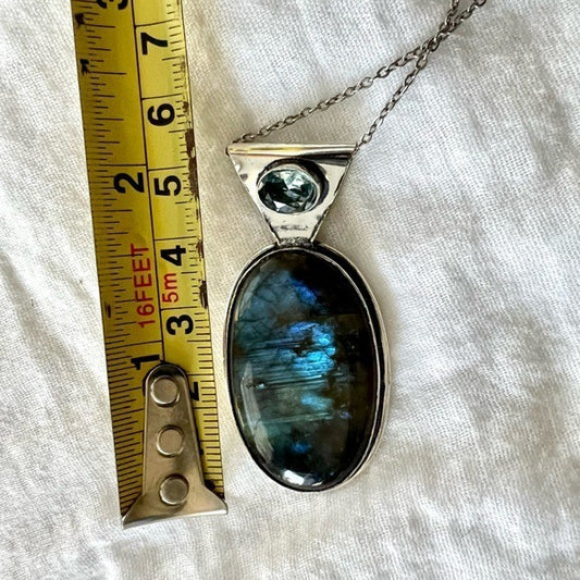 925 Simple Modern Blue Labradorite + Topaz Pendant Necklace