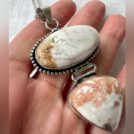 925 Third Eye Scolecite w/ Peach Stillbite Pendant Necklace