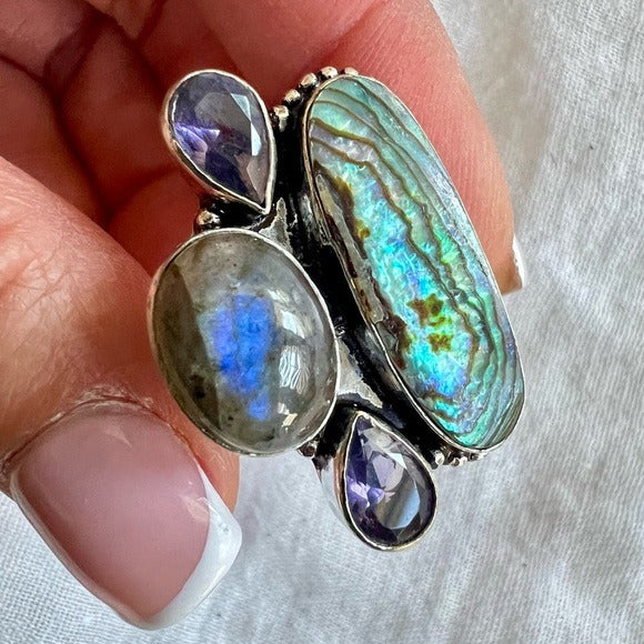 925 Healing Abalone + Flash Labradorite Cluster Ring 8