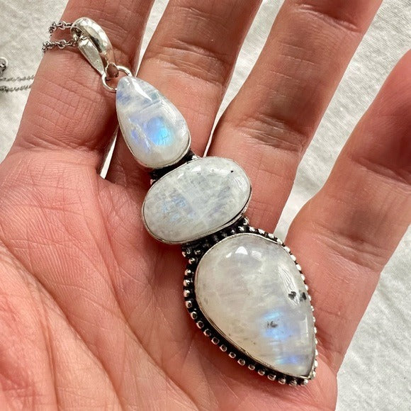 925 Feminine Triple Rainbow Flash Moonstone w/ Blk Tourmaline Necklace Pendant