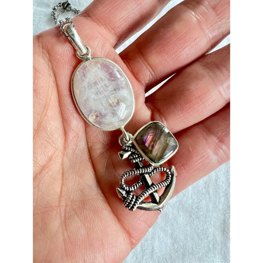 925 Anchor Rainbow Flash Moonstone + Purple Flash Labradorite Necklace Pendant