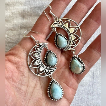 925 LUNA MOON Caribbean Larimar Crescent Moon Earrings