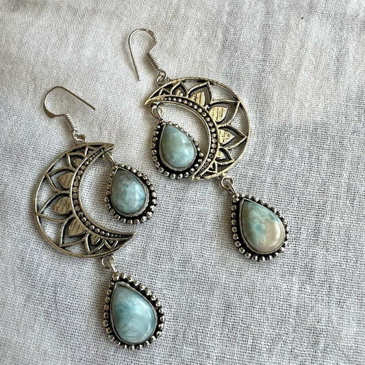 925 LUNA MOON Caribbean Larimar Crescent Moon Earrings