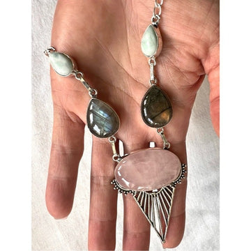 925 OMG OMG Rose Quartz + Flash Labradorite + Larimar Pendant Necklace