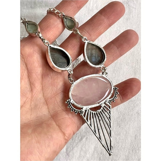 925 OMG OMG Rose Quartz + Flash Labradorite + Larimar Pendant Necklace