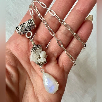 925 GORGEOUS! Long Rainbow Flash Moonstone Cluster Necklace w/ Paper Clip Chain