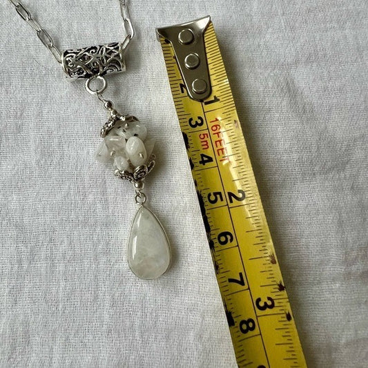 925 GORGEOUS! Long Rainbow Flash Moonstone Cluster Necklace w/ Paper Clip Chain