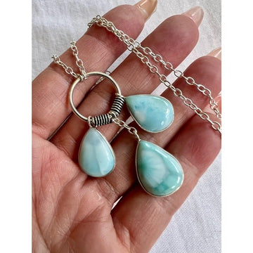 925 Triple Caribbean LARIMAR Teardrop Pendant Necklace
