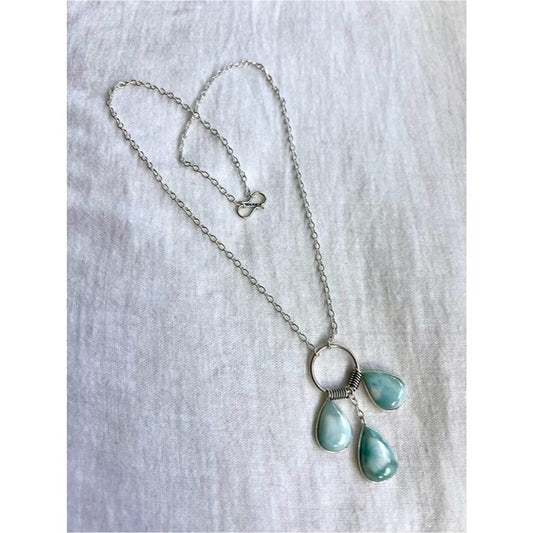 925 Triple Caribbean LARIMAR Teardrop Pendant Necklace