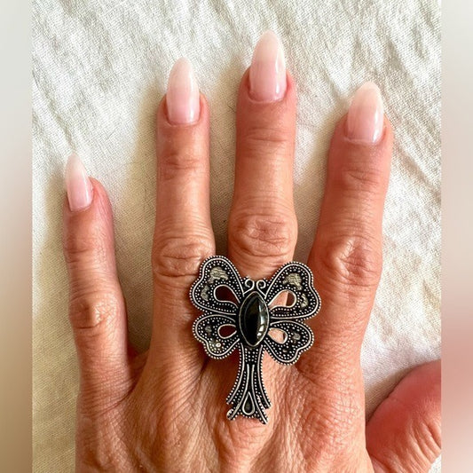 925 Beauty! ONYX Butterfly BOW Ring! 6.75, 9, 10.5